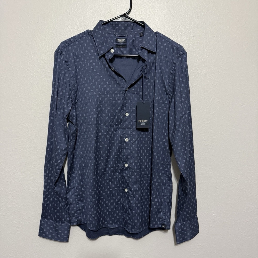 Faherty The Movement Shirt Mens Short Sleeve Diamond Print Blue Button Up New
